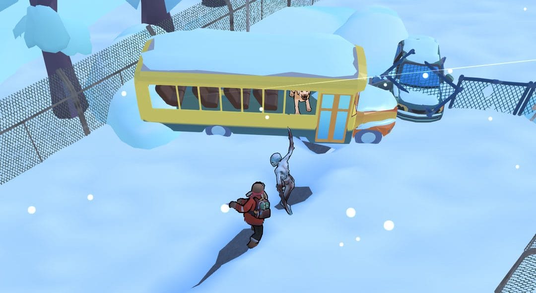 Frost World: Highway playable, the player fighting an ice zombie at the school bus